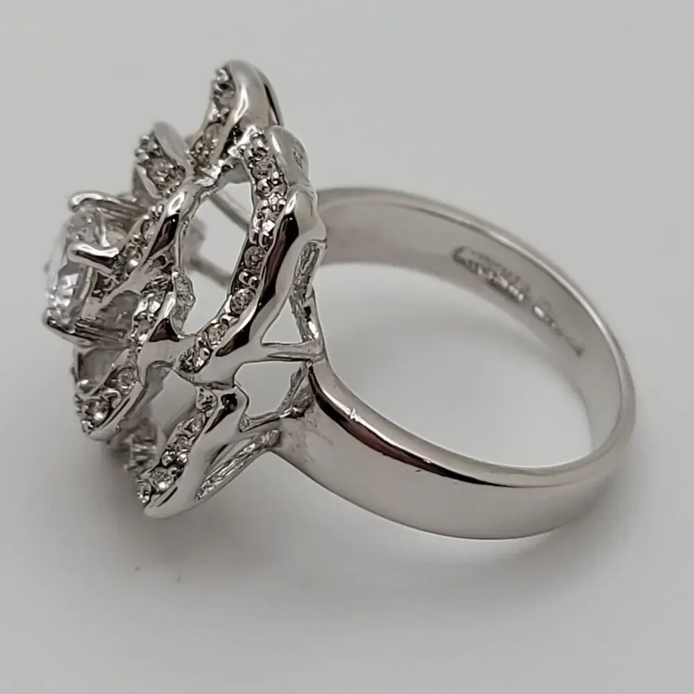 Vintage Nolan Miller Silver-tone Cubic Zirconia Floral Statement Ring